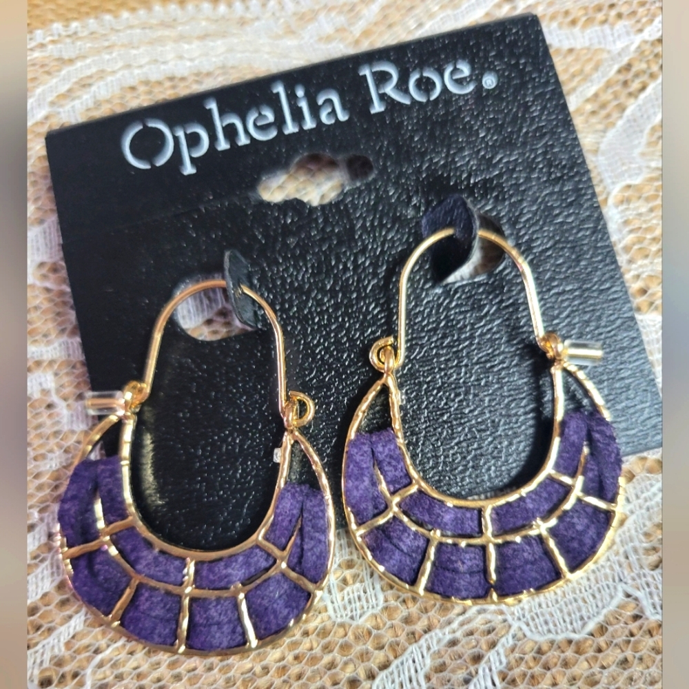 Ophelia Roe pierced wire dangle earrings gold tone metal purple suede